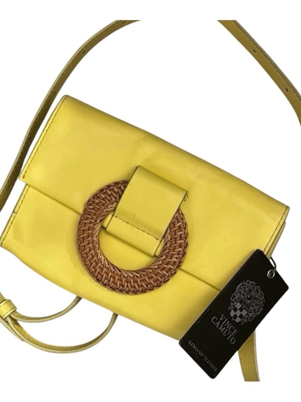 VINCE CAMUTO Marah Yellow Mini Leather Rattan Ring Clutch Crossbody Bag